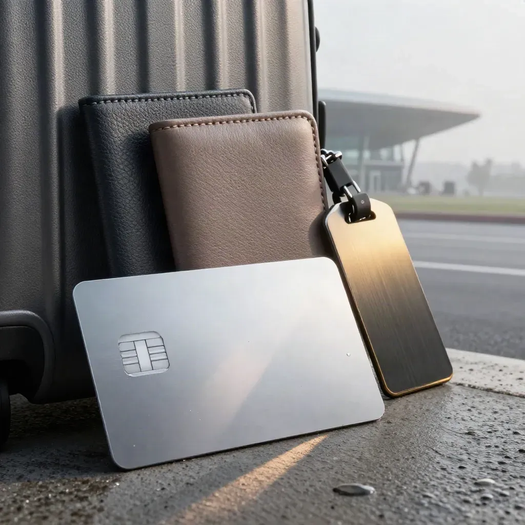 Platinum card, travel wallet, passport cover, luggage tag and carry-on on a misty rain-darkened ledge.
