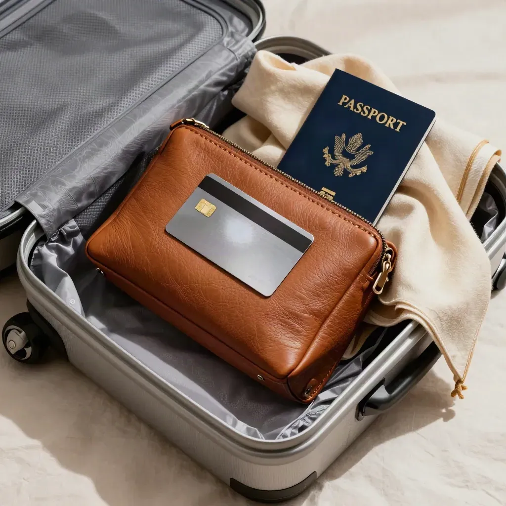 Top-down packing moment with a pouch, card, passport cover, scarf, and closing suitcase lid.