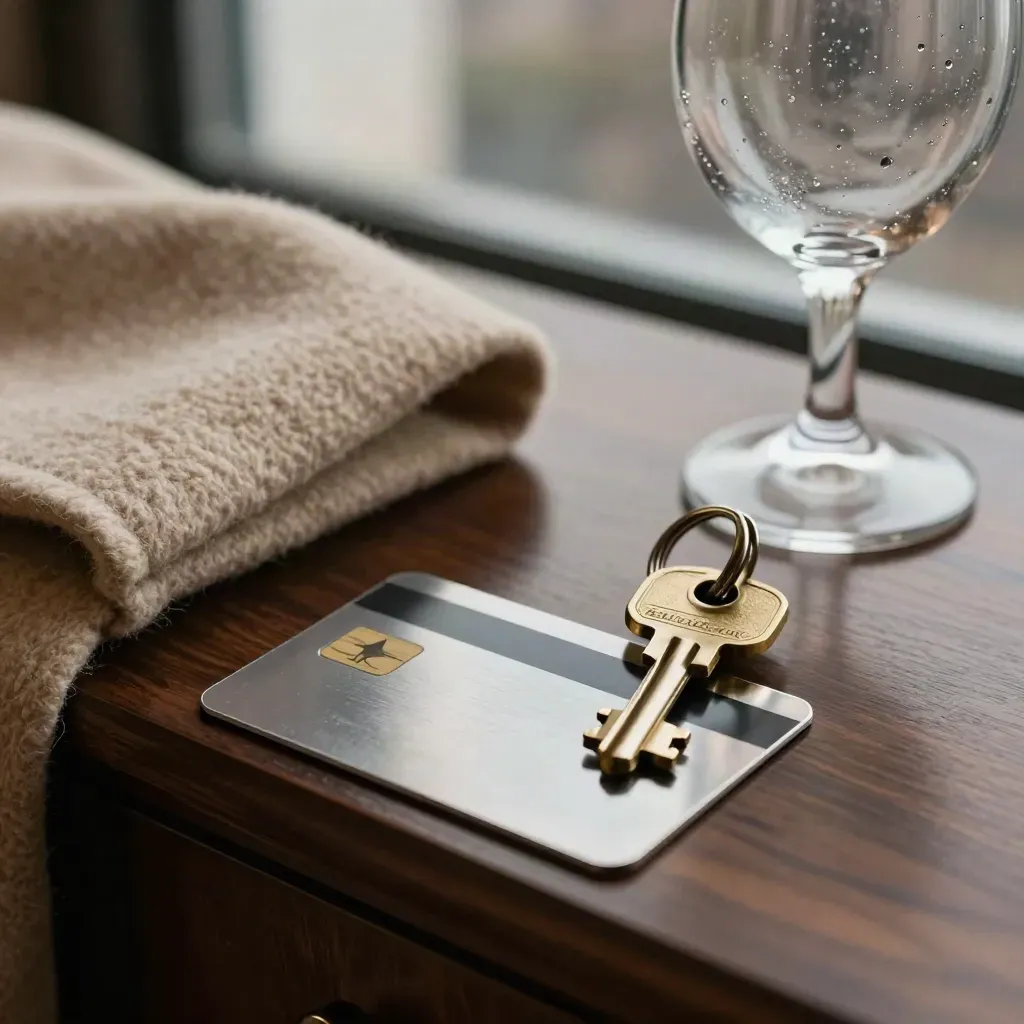 Platinum card, brass room key, coat sleeve and glass on a hotel sideboard.