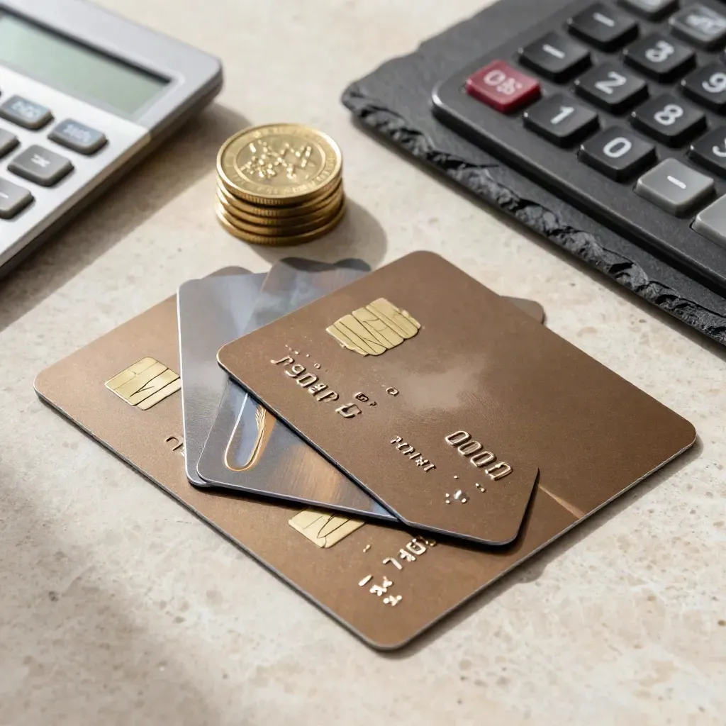 Top-down premium cards, coin stack, closed calculator, and slate tray on a stone table.