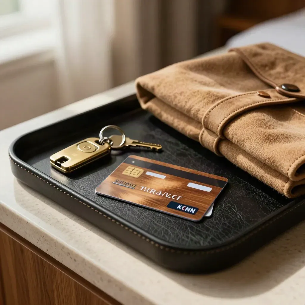 Premium travel card on a leather valet tray with key, fob, and folded jacket in a hotel suite.