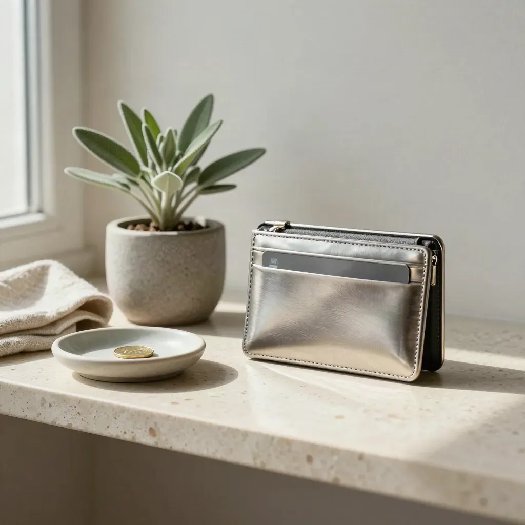 Brushed-metal travel wallet, blank card, linen cloth, plant and ceramic dish on travertine.