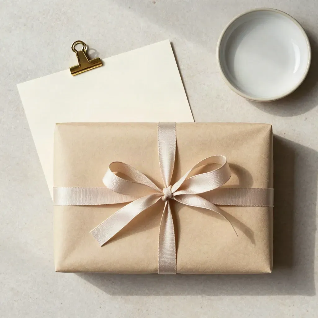 Overhead flatlay of a ribbon-tied parcel, blank card, brass clip, and ceramic dish on pale stone.